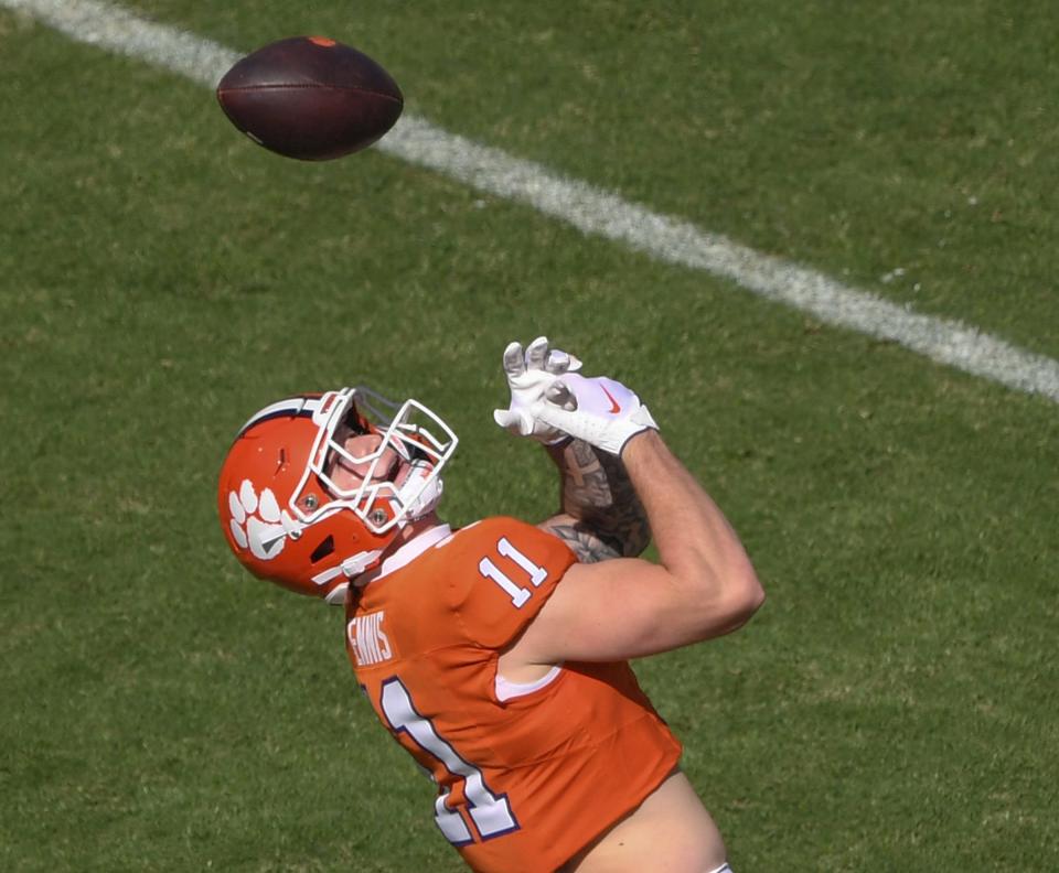 Clemson tight end Sage Ennis (11) catches a ball during warm up before the game with Wake Forest Oct 7, 2023; Clemson, South Carolina, USA; at Memorial Stadium.