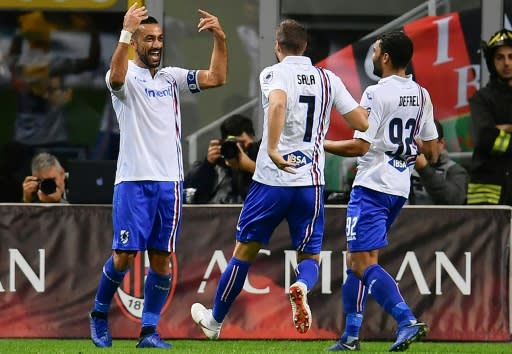 Sampdoria forward Fabio Quagliarella (L) equalled Gabriel Batistuta's record by scoring in 11 straight Serie A games