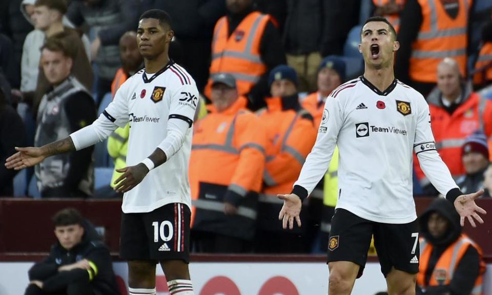 Marcus Rashford and Cristiano Ronaldo show frustration in the game against Aston Villa last November