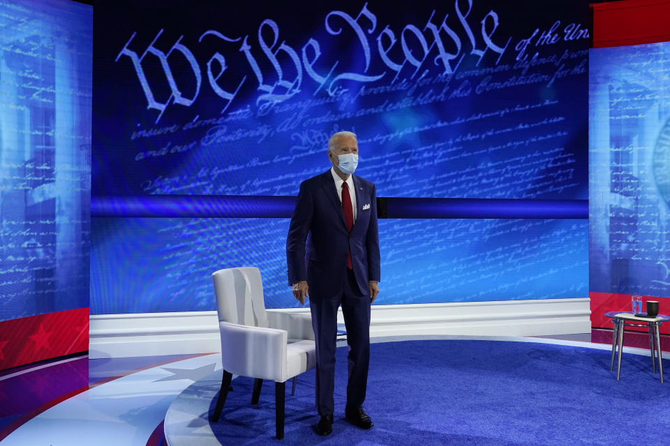 Democratic presidential candidate former Vice President Joe Biden participates in a town hall with moderator ABC News anchor George Stephanopoulos at the National Constitution Center in Philadelphia, Thursday, Oct. 15, 2020. (AP Photo/Carolyn Kaster)