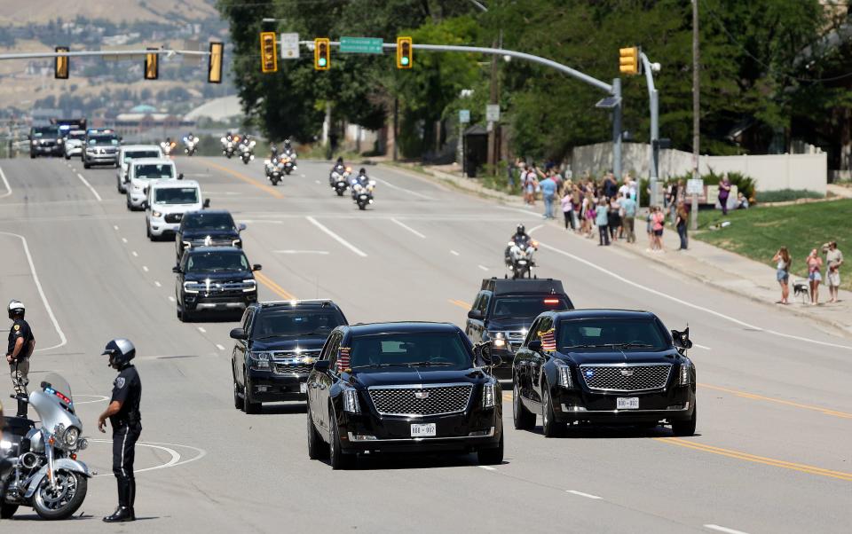 A motorcade escorts President Joe Biden on Foothill Drive in Salt Lake City, traveling from the George E. Wahlen Department of Veterans Affairs Medical Center to Park City, on Thursday, Aug. 10, 2023. | Kristin Murphy, Deseret News