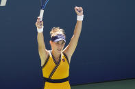 Belinda Bencic, of Switzerland, celebrates her win over Iga Swiatek, of Poland, during the fourth round of the US Open tennis championships, Monday, Sept. 6, 2021, in New York. (AP Photo/Elise Amendola)