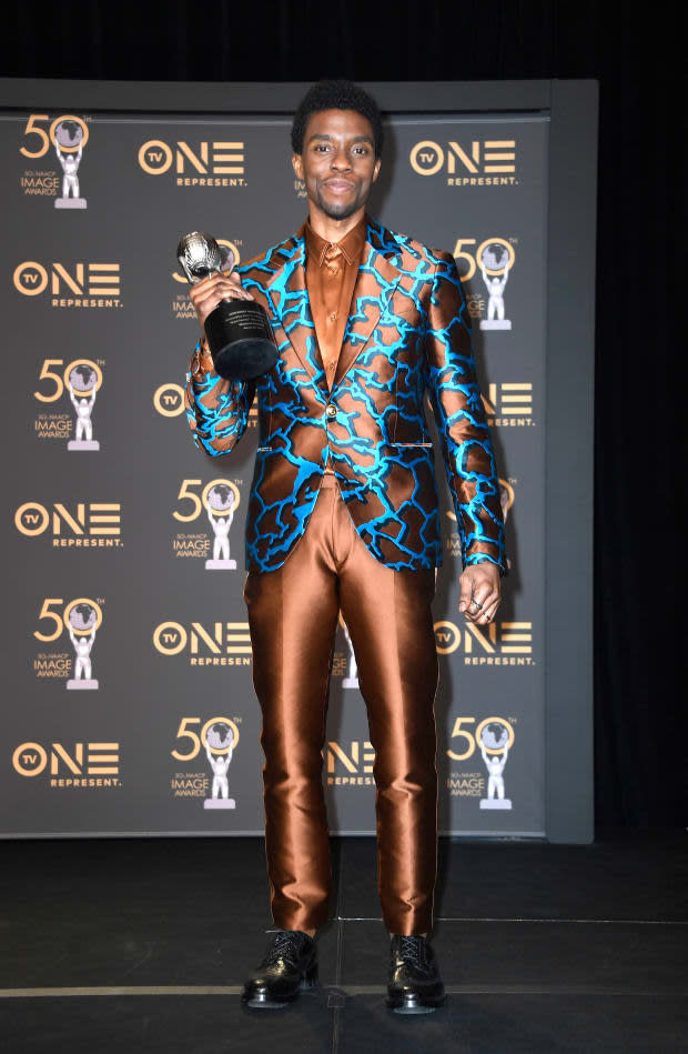 <p>Chadwick Boseman in Atelier Versace at the 2019 NAACP Image Awards.</p>