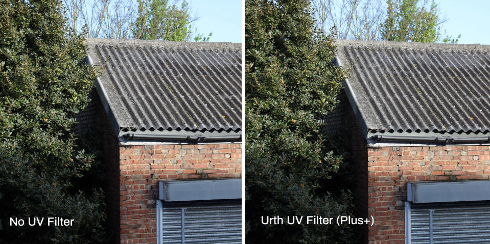 The same photo twice of a close of of an old building next to a tree