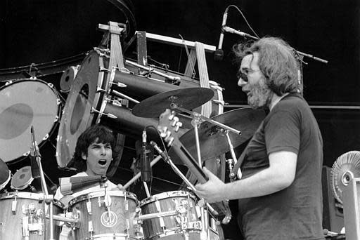 The Grateful Dead open up the final day of the US Festival in San Bernardino, Ca. early Sunday morning on Sept. 5, 1982. Guitarist Jerry Garcia, right, and drummer Mickey Hart play music spanning two decades to an enthusiastic crowd of rock and roll fans.