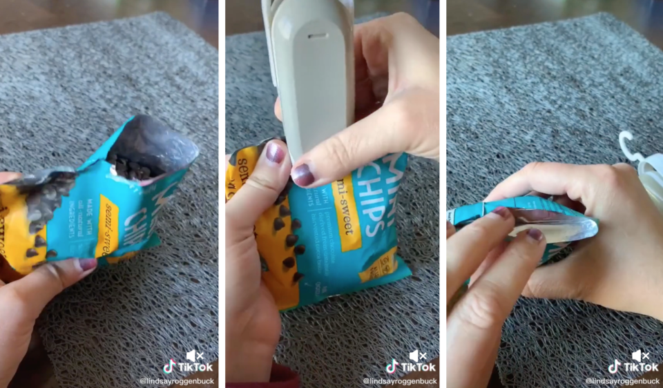 a mini bag sealer being used to close an open bag of chips