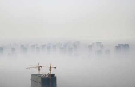 A building under construction is seen amidst smog on a polluted day in Shenyang, Liaoning province November 21, 2014. REUTERS/Jacky Chen/File Photo