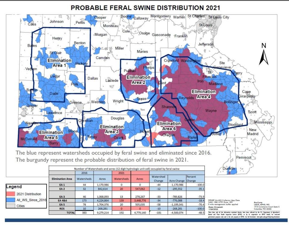 A map of probable feral swine distribution for 2021.