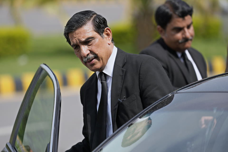Khawaja Harris, a lawyer of Pakistan's former Prime Minister Imran Khan's legal team, leaves after after Khan's appeal hearing in a court, in Islamabad, Pakistan, Wednesday, Aug. 9, 2023. A top Pakistani court Wednesday said it wanted to hear from the government before deciding over the imprisonment of former Prime Minister Imran Khan on corruption charges. Khan was arrested at his Lahore home on Saturday and given a three-year jail sentence on charges of concealing assets. He is held at the high-security prison Attock while his legal team seeks his release. (AP Photo/Anjum Naveed)