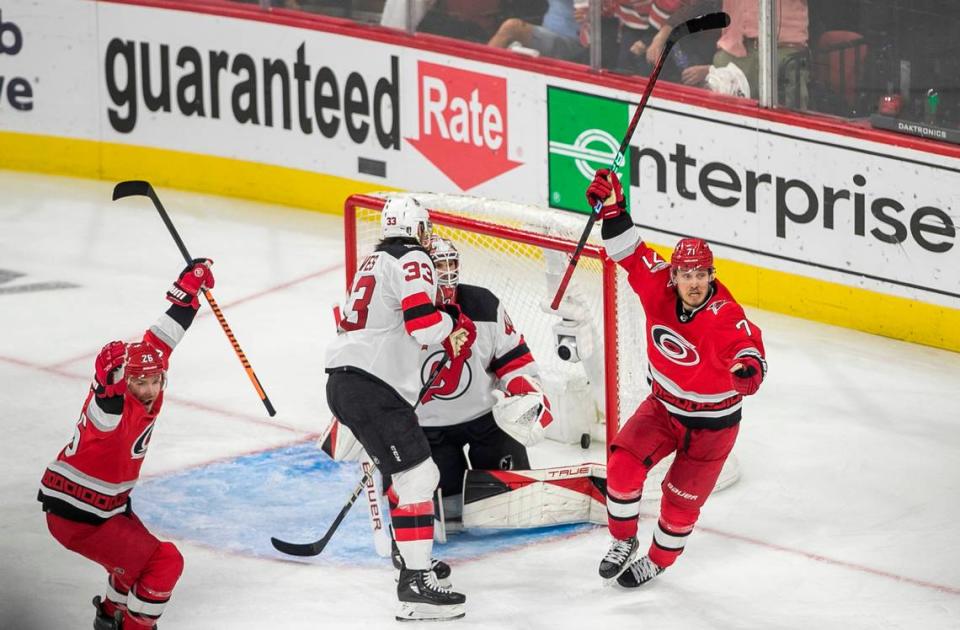 The Carolina Hurricanes Jesper Fast (71) scores the game winning goal in overtime, securing a 3-2 victory in Game 5 and clinching their second round Stanley Cup playoff series on Thursday, May 11, 2023 at PNC Arena in Raleigh, N.C.