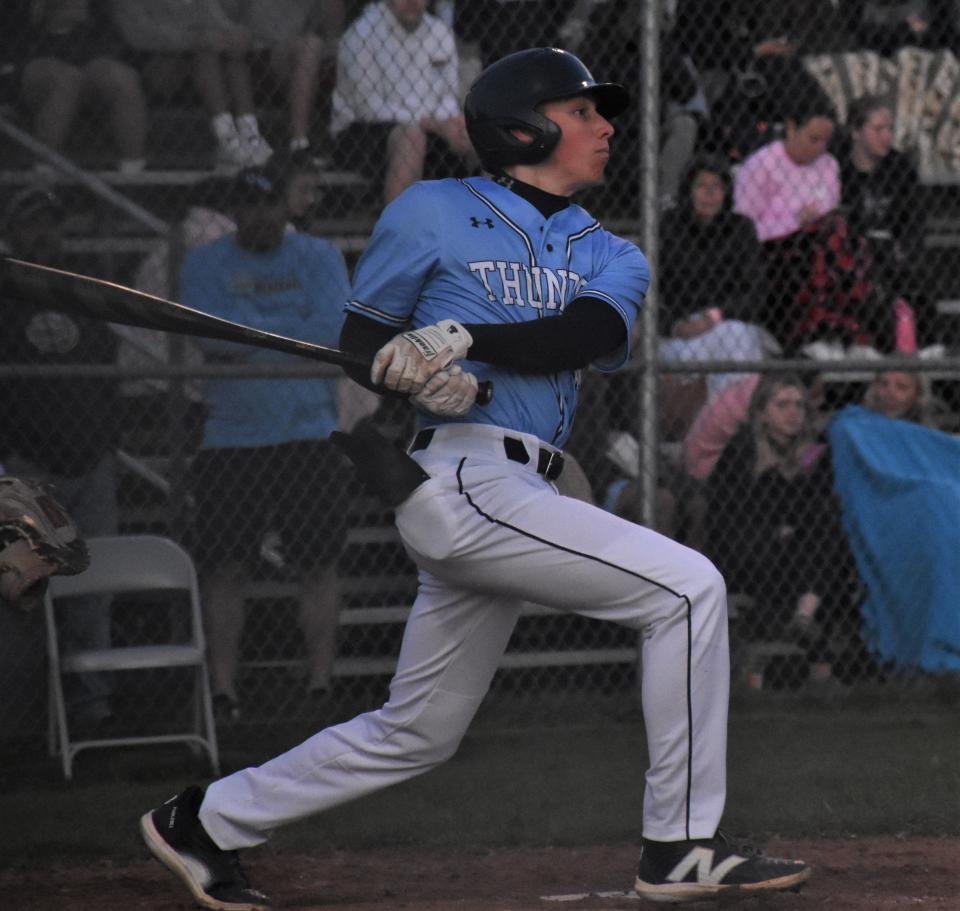 Brady Moreau doubles in the sixth inning of Central Valley Academy's victory over Utica's Notre Dame Jugglers Monday.