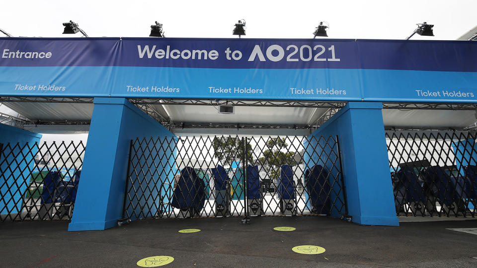 One of the locked entrances at Melbourne Park, pictured here on Saturday. 