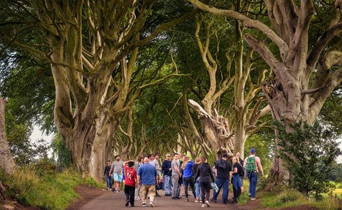 <span class="caption">Visitors in 2018 at the Dark Hedges in Northern Ireland, used as a filming location for Game of Thrones. </span> <span class="attribution"><a class="link " href="https://www.shutterstock.com/image-photo/ballymoney-united-kingdom-august-6-2018-1198823146" rel="nofollow noopener" target="_blank" data-ylk="slk:Nick Fox/Shutterstock;elm:context_link;itc:0;sec:content-canvas">Nick Fox/Shutterstock</a></span>