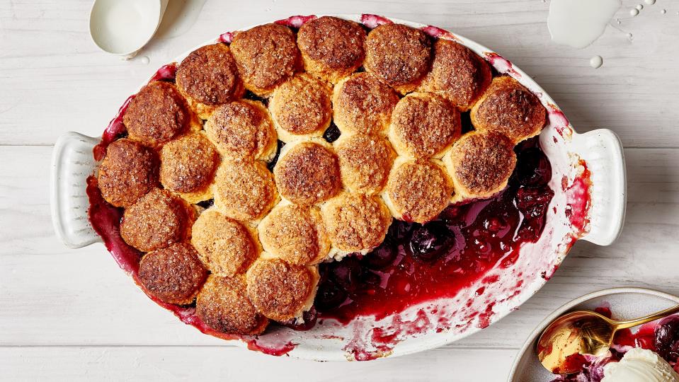 Perfectly fluffy biscuits sit on top of this cherry cobbler.