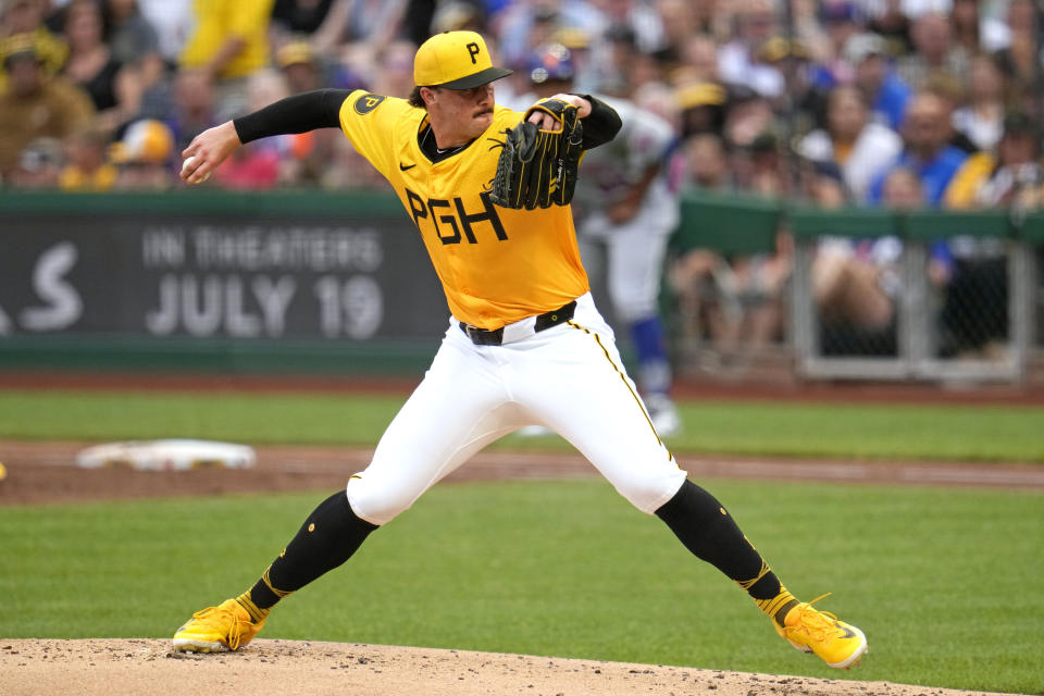 Pittsburgh Pirates starting pitcher Paul Skenes delivers during the second inning of a baseball game against the New York Mets in Pittsburgh, Friday, July 5, 2024. (AP Photo/Gene J. Puskar)