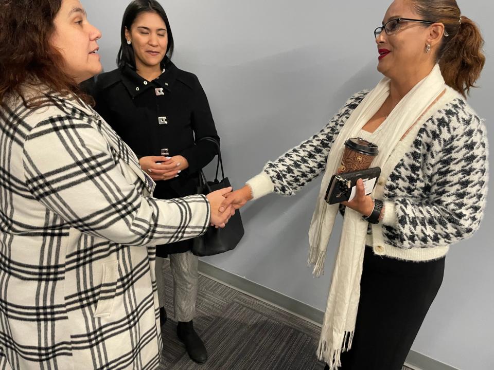 Wendy Vincent and Alicia De Santa of the Women’s Business Development Council chat with Latinos for Educational Advocacy and Diversity Program Manager Maria Matos during a business fair Friday.