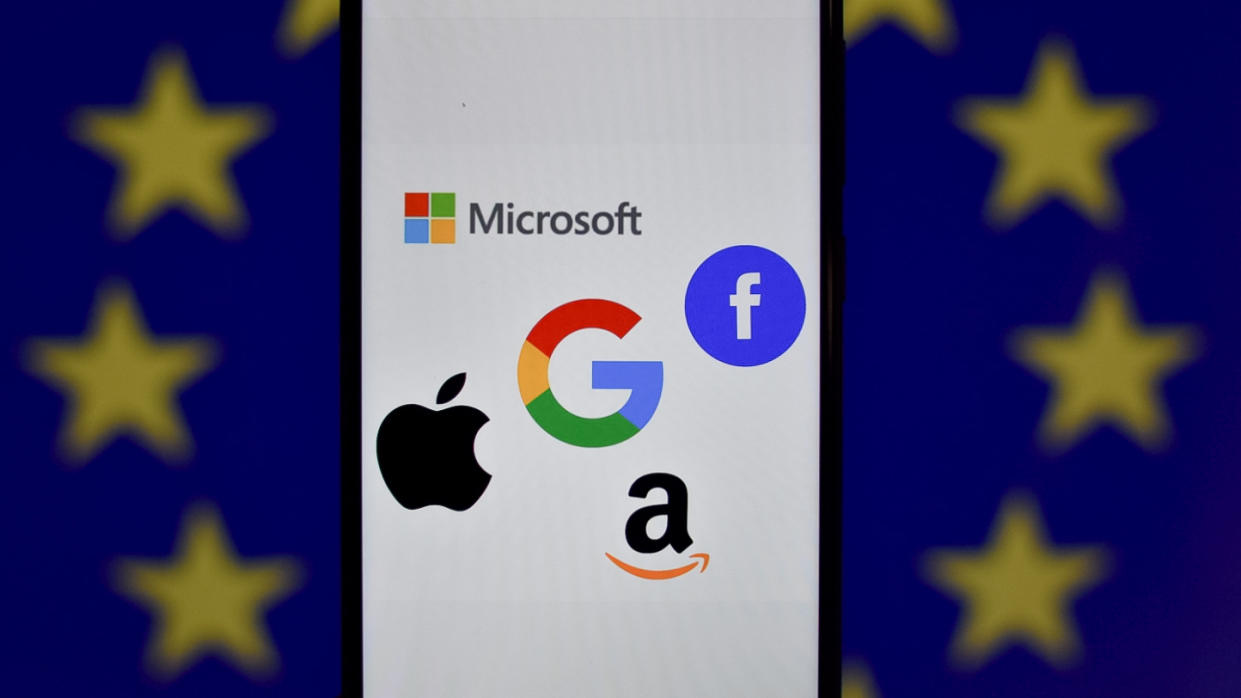  Big Tech logo with EU flag in the background. 