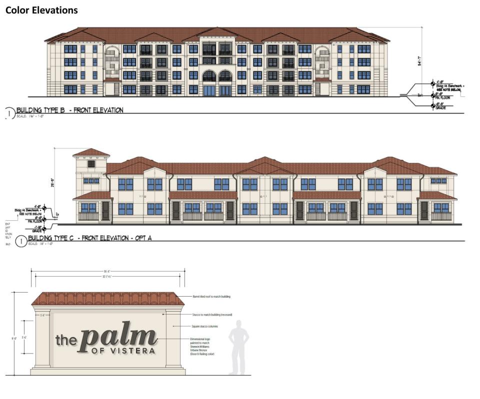 These renderings show a proposed four-story condominium building and two-story townhouse structure at the Palm of Vistera, one of two multi-family developments that would be built by the NRP Group, which is  one of the largest developers of multi-family communities in the country.