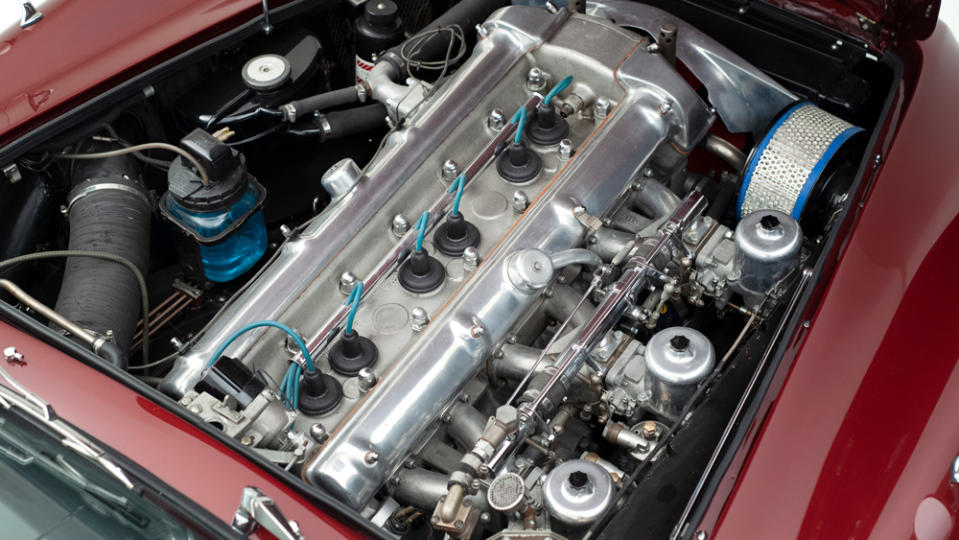 The 240 hp, 3.7-liter straight-six engine inside a 1962 Aston Martin DB4 Convertible.