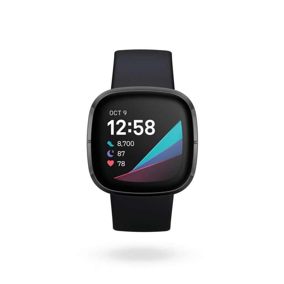 The Fitbit Sense, front view, in carbon and graphite stainless steel. The smartwatch not only tracks your heart rate, but also monitors skin moisture and temperature to help watch for early signs of sickness.