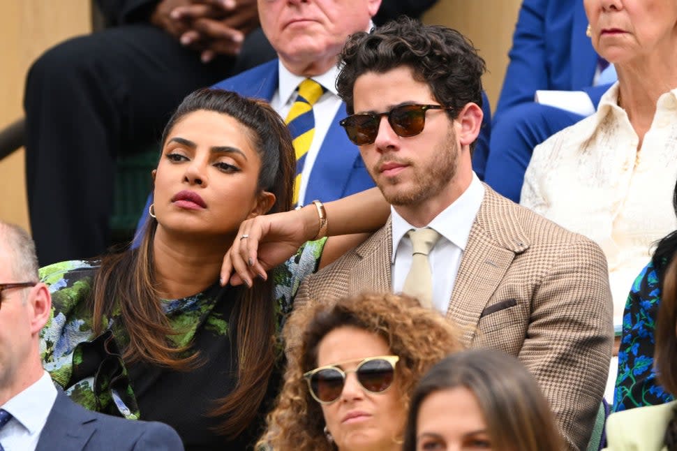 Priyanka Chopra and Nick Jonas attend day thirteen of the Wimbledon Tennis Championships at All England Lawn Tennis and Croquet Club on July 15, 2023 in London, England.