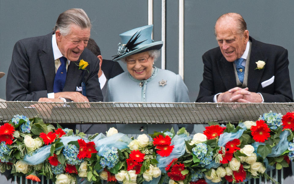 EPSOM, UNITED KINGDOM - JUNE 1:  Sir Michael Oswald, Queen Elizabeth II and Prince Philip, Duke of Edinburgh attend the Investec Epsom Derby at Epsom Racecourse on June 1, 2013 in Epsom, England. (Photo by Samir Hussein/WireImage)