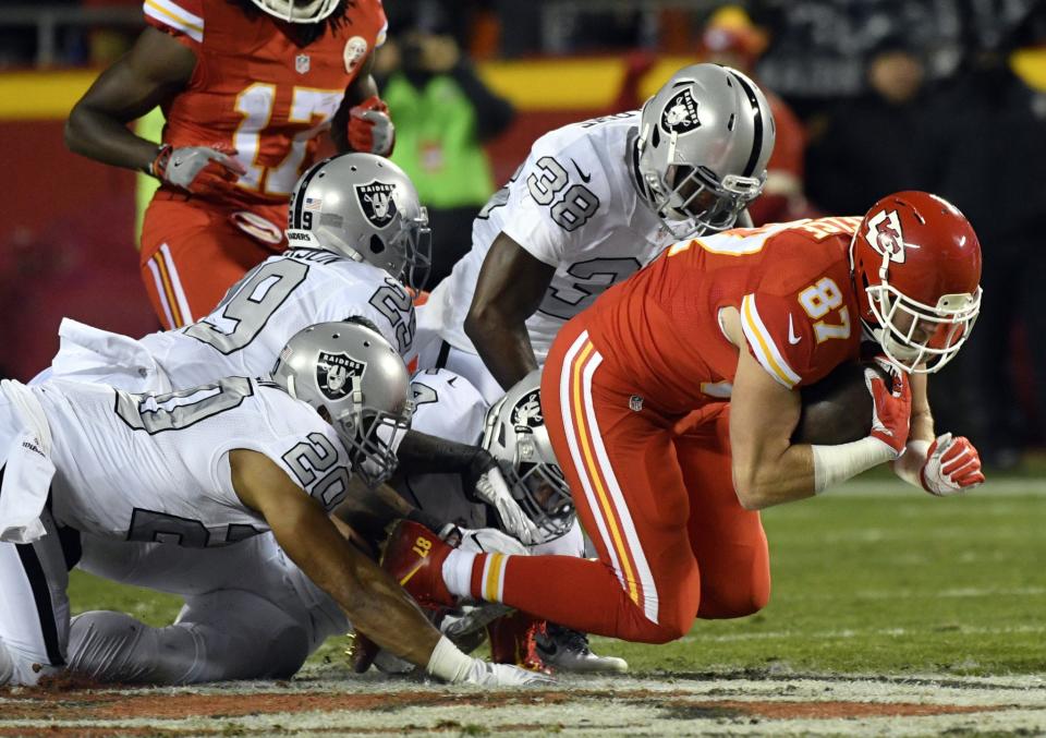 Kansas City Chiefs tight end Travis Kelce didn't pass up a chance to punk the Oakland Raiders' punter, Marquette King. (AP)