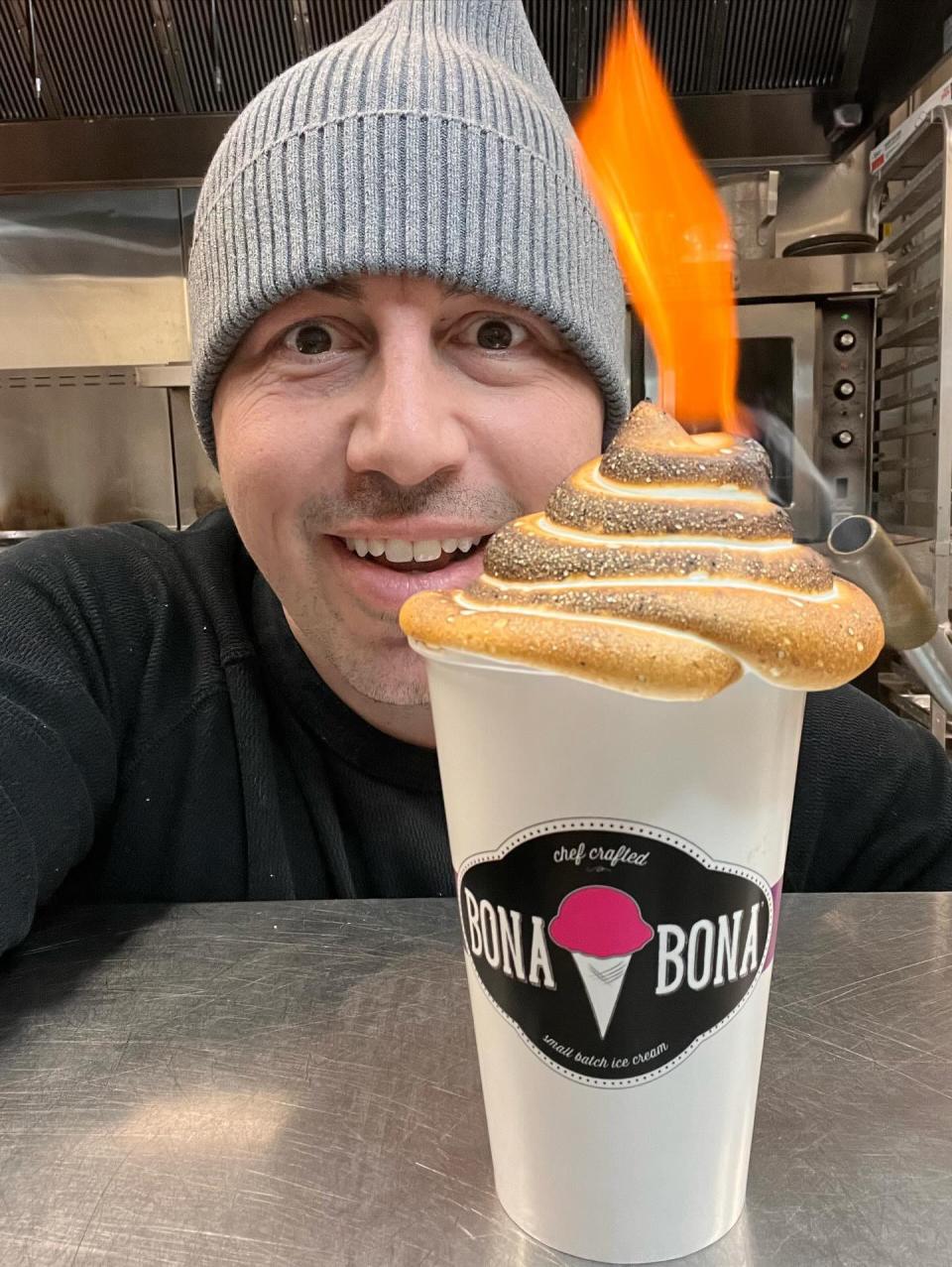 Nick Di Bona of Bona Bona Ice Cream in Port Chester with his gourmet hot chocolate creation which features torched Italian meringue.