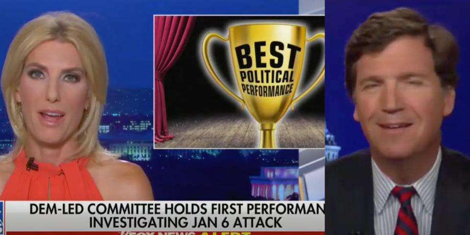 Two screenshots of Laura Ingraham and Tucker Carlson on their Fox News shows Tuesday 27 July 2021. Ingraham is displaying a graphic of a trophy that reads "Best Political Performance"