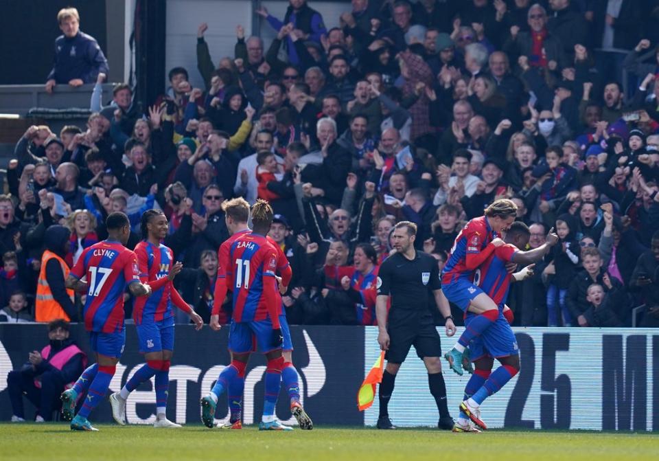 Marc Guehi celebrates the opener for Crystal Palace against Everton (John Walton/PA) (PA Wire)