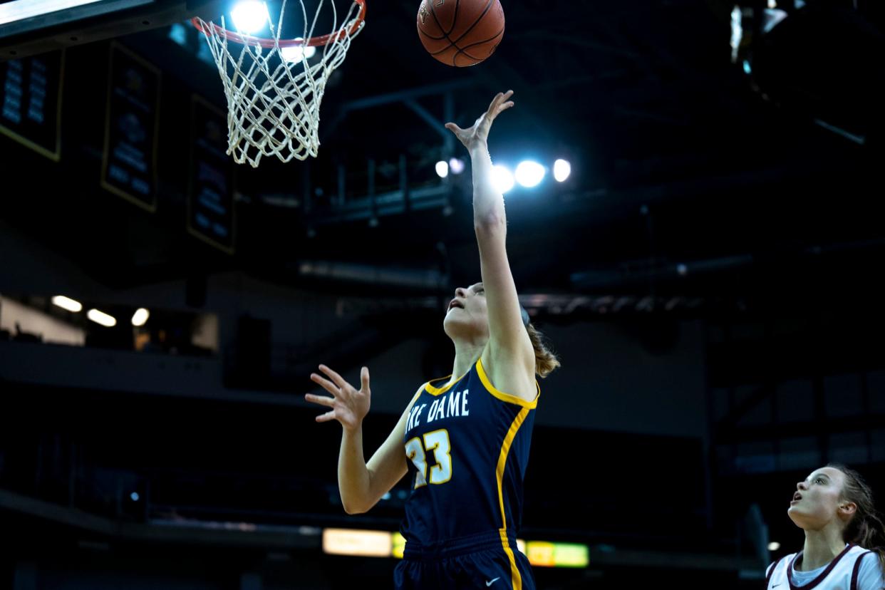 Notre Dame center Sophia Gibson (33) leads the Pandas in scoring and rebounding and has been a defensive menace around the rim.