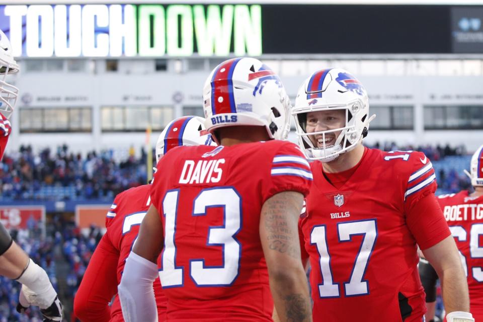 Buffalo Bills wide receiver Gabriel Davis celebrates his touchdown with quarterback Josh Allen.