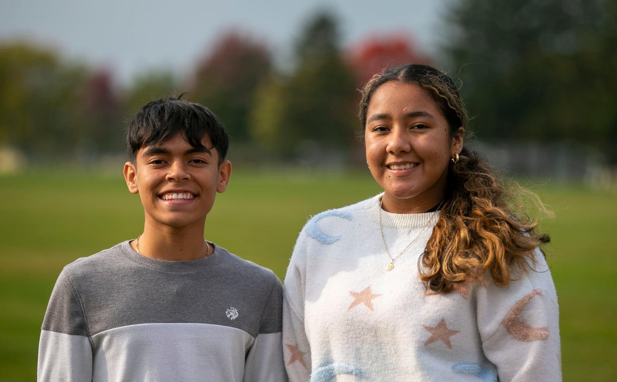 Junior Yesenia Vera, right, and Senior Josue Uribe, left, seen Tuesday, October 11, 2022, in Sheboygan, Wis., organized a Fiesta Hispana at Sheboygan South High School.  The event will help celebrate Hispanic Heritage Month.