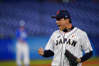 Japan's Ryoji Kuribayashicelebrate after a semi-final baseball game against South Korea at the 2020 Summer Olympics, Wednesday, Aug. 4, 2021, in Yokohama, Japan. Japan won 5-2. (AP Photo/Matt Slocum)