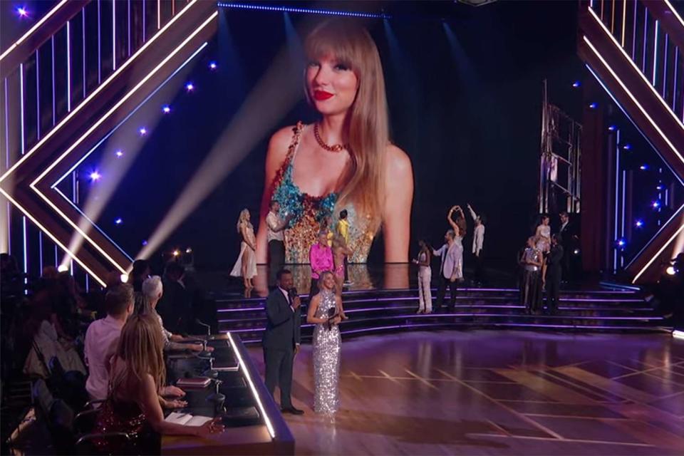 <p>Dancing With The Stars/Youtube</p> Taylor Swift makes a surprise appearance during last night