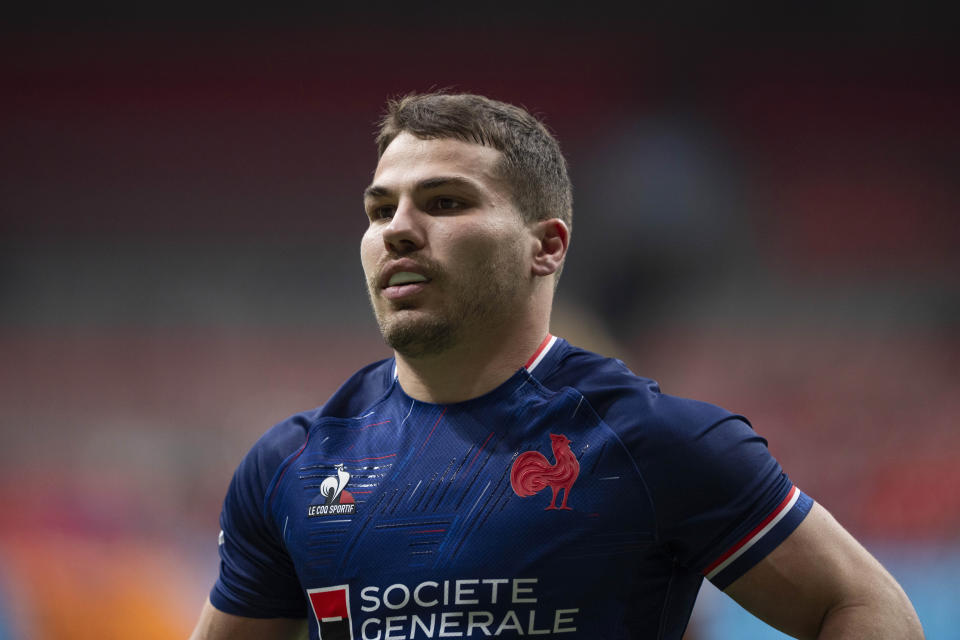 France's Antoine Dupont walks in the try zone after France's try against the United States during a Vancouver Sevens rugby match Friday, Feb. 23, 2024, in Vancouver, British Columbia. (Ethan Cairns/The Canadian Press via AP)