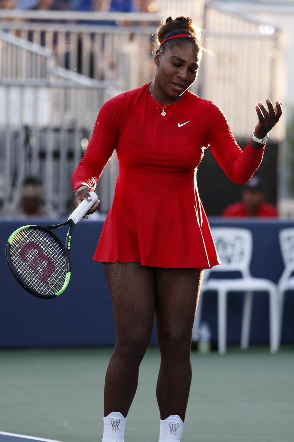 Serena Williams, of the United States, gestures after losing a point to Johanna Konta, from Britain, during the Mubadala Silicon Valley Classic tennis tournament in San Jose, Calif., Tuesday, July 31, 2018. Williams lost 6-1, 6-0. (AP Photo/Tony Avelar)