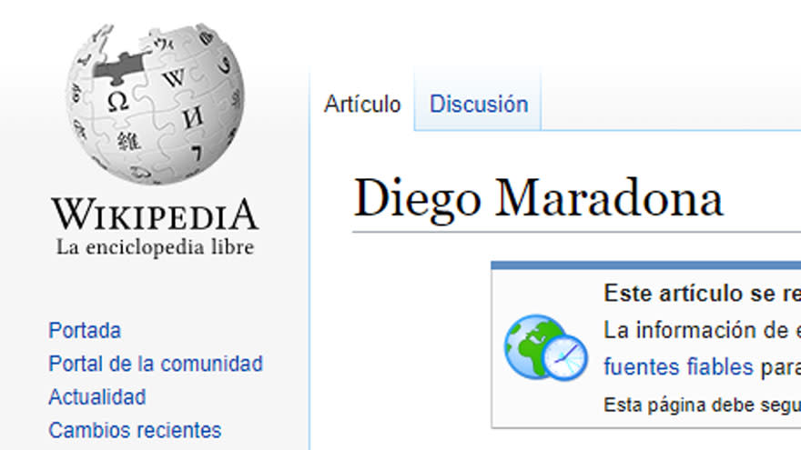 La ficha de Maradona en Wikipedia aparece con la advertencia habitual en los casos de muertes recientes.