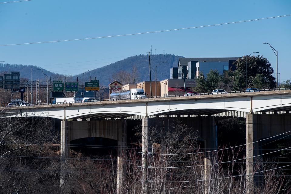 Traffic crosses the Jeff Bowen Bridge in Asheville.