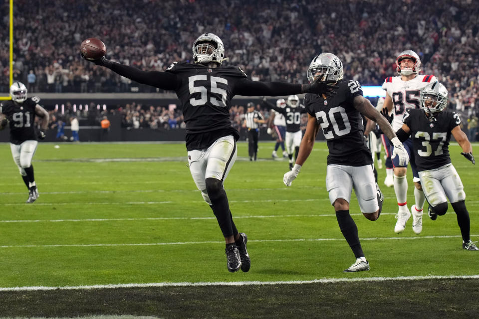 Las Vegas Raiders defensive end Chandler Jones made a memorable play for a walk-off win over the Patriots. (AP Photo/Rick Scuteri)