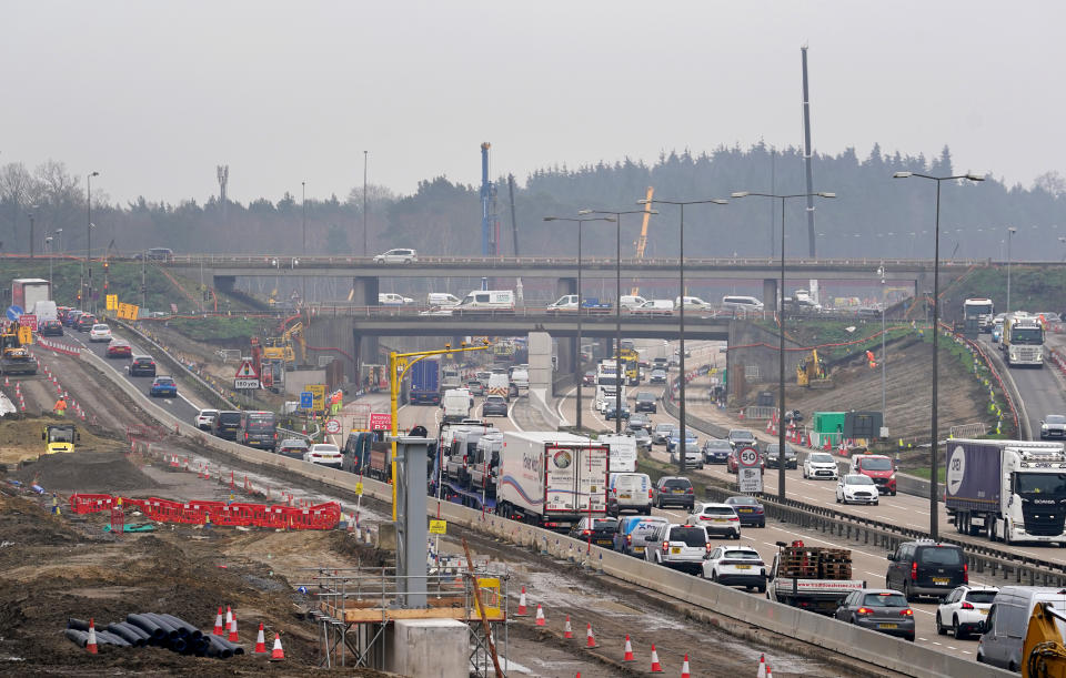 A view of traffic approaching junction 10 of the M25 in Surrey during a site visit ahead of a planned closure of both carriageways from 9pm on Friday March 15 until 6am on Monday March 18. Picture date: Monday March 11, 2024. (Photo by Gareth Fuller/PA Images via Getty Images)