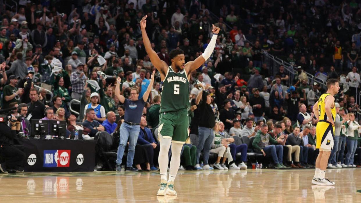 <div>MILWAUKEE, WISCONSIN - APRIL 30: Malik Beasley #5 of the Milwaukee Bucks reacts to a score during the second half of game five of the Eastern Conference First Round Playoffs against the Indiana Pacers at Fiserv Forum on April 30, 2024 in Milwaukee, Wisconsin. (Photo by Stacy Revere/Getty Images)</div>