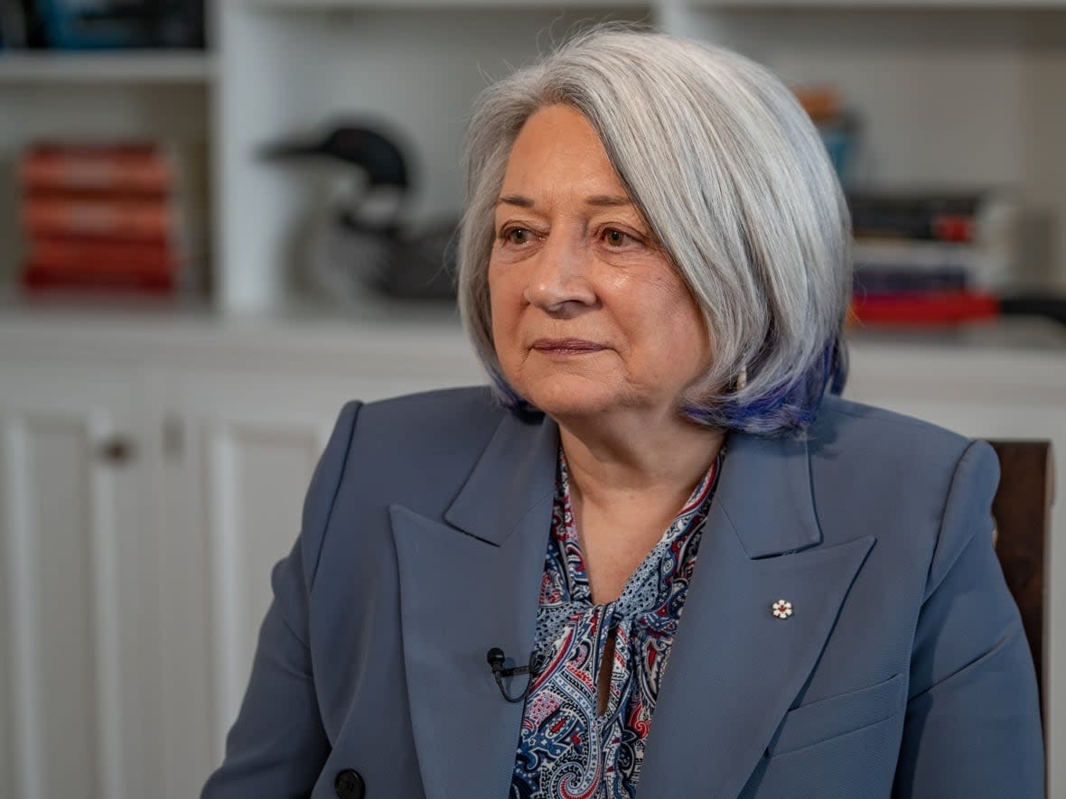 Gov. Gen. Mary Simon sits down for an interview at Rideau Hall on March 10, 2023. Simon said she hopes her recent video highlighting racist and misogynistic social media comments about her can start a conversation about abusive online behaviour.  (Mathieu Theriault/CBC - image credit)