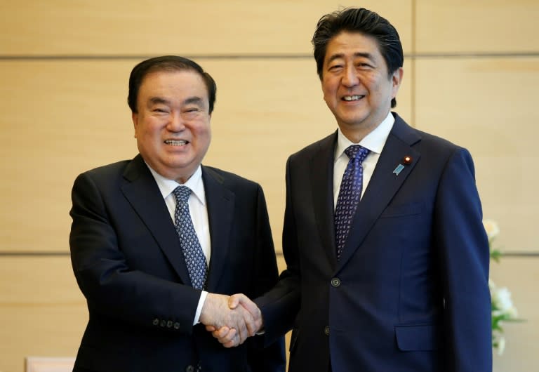 South Korean special presidential envoy Moon Hee-sang (L) shakes hands with Japan's Prime Minister Shinzo Abe at Abe's official residence in Tokyo on May 18, 2017