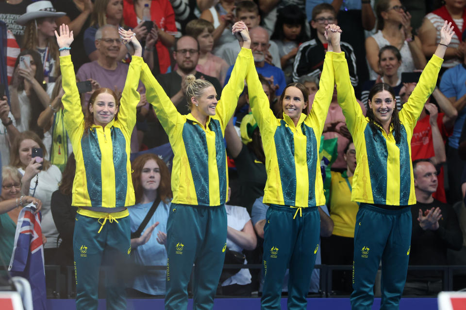 Mollie O'Callaghan, Shayna Jack, Emma McKeon and Meg Harris celebrate gold.