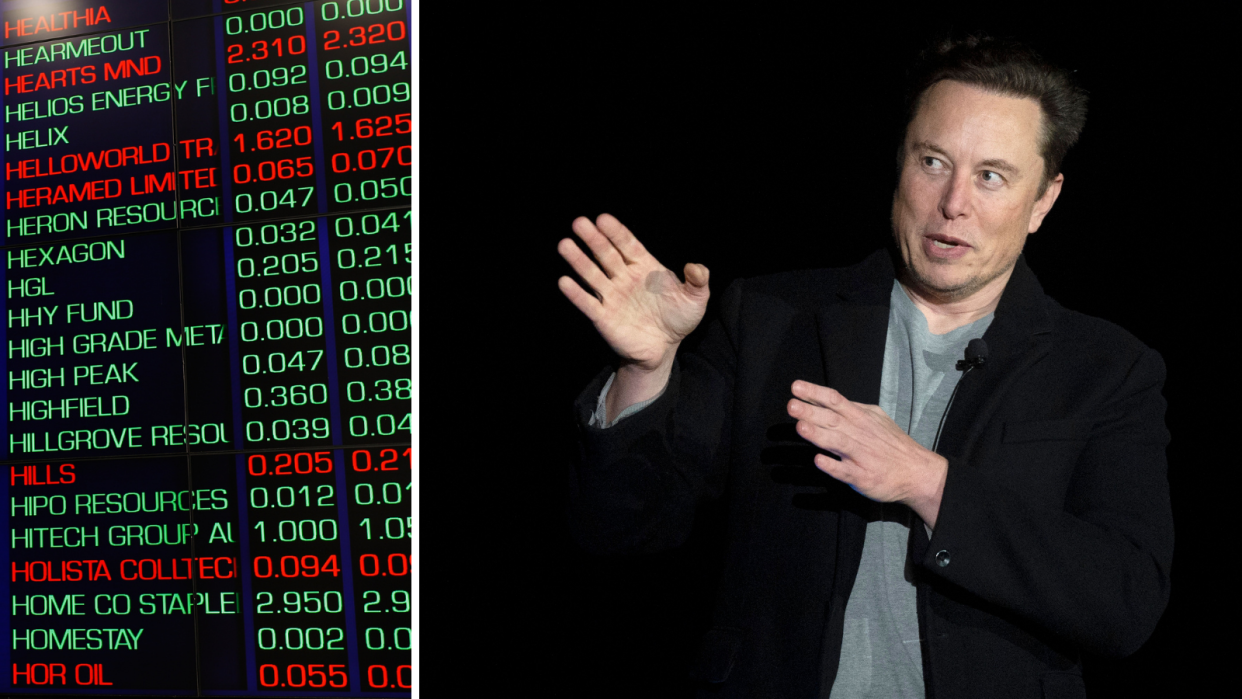 The ASX board showing company price changes and Tesla CEO Elon Musk.