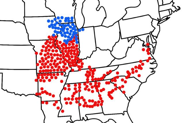 <p>Gene Kritsky, Mount St. Joseph University</p> A map of the cicada emergences expected for Spring 2024. The red dots represent the expected emergence areas for Brood XIX and the blue dots represent the estimated emergence areas of Brood XIII
