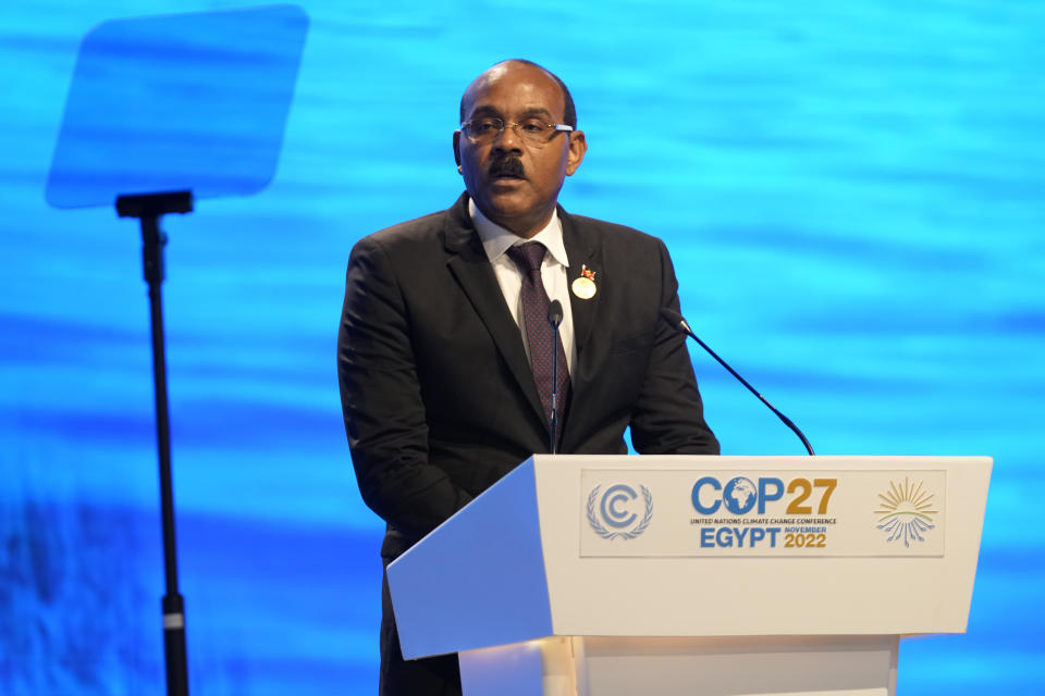 Gaston Browne, prime minister of Antigua and Barbuda, speaks at the COP27 U.N. Climate Summit, Tuesday, Nov. 8, 2022, in Sharm el-Sheikh, Egypt. (AP Photo/Peter Dejong)