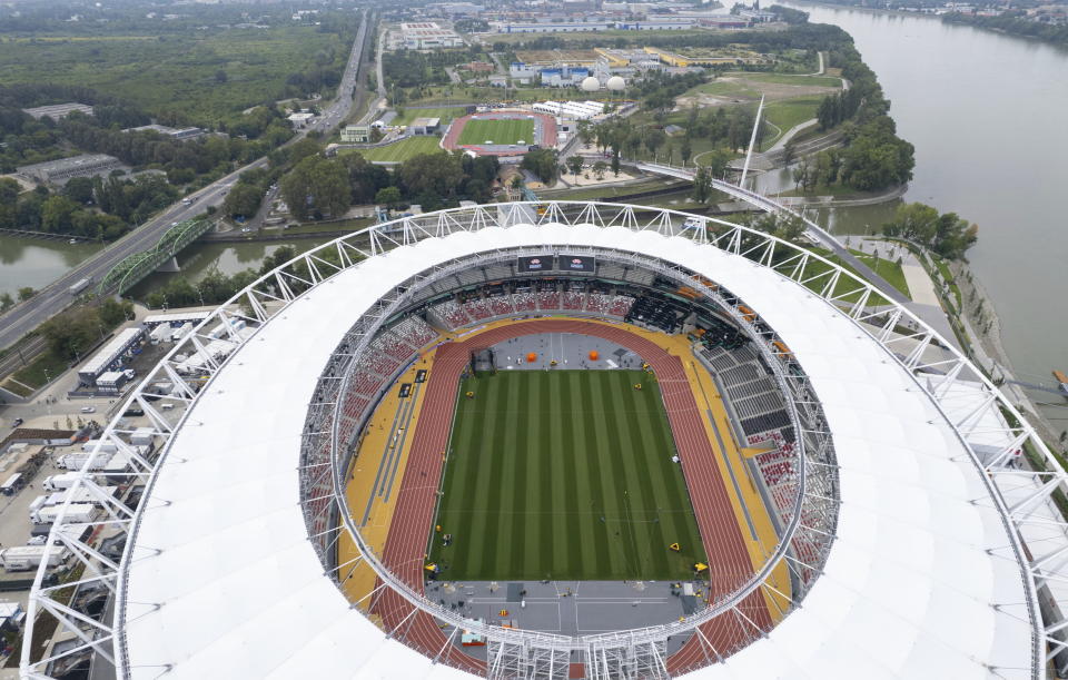 An image taken with a drone shows the National Athletics Centre, venue of the World Athletics Championships in Budapest, Hungary, Thursday, Aug. 17, 2023. Budapest hosts the 19th edition of the World Athletics Championships between 19 and 27 August. (Zoltan Mathe/MTI via AP)