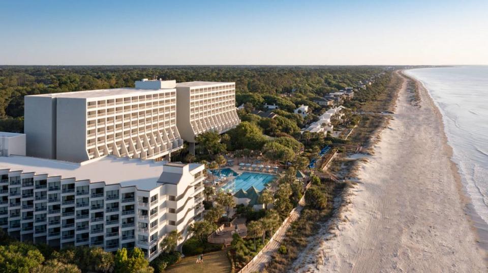 An aerial view of the Hilton Beachfront Resort & Spa Hilton Head, formerly Marriott Hilton Head Resort & Spa.